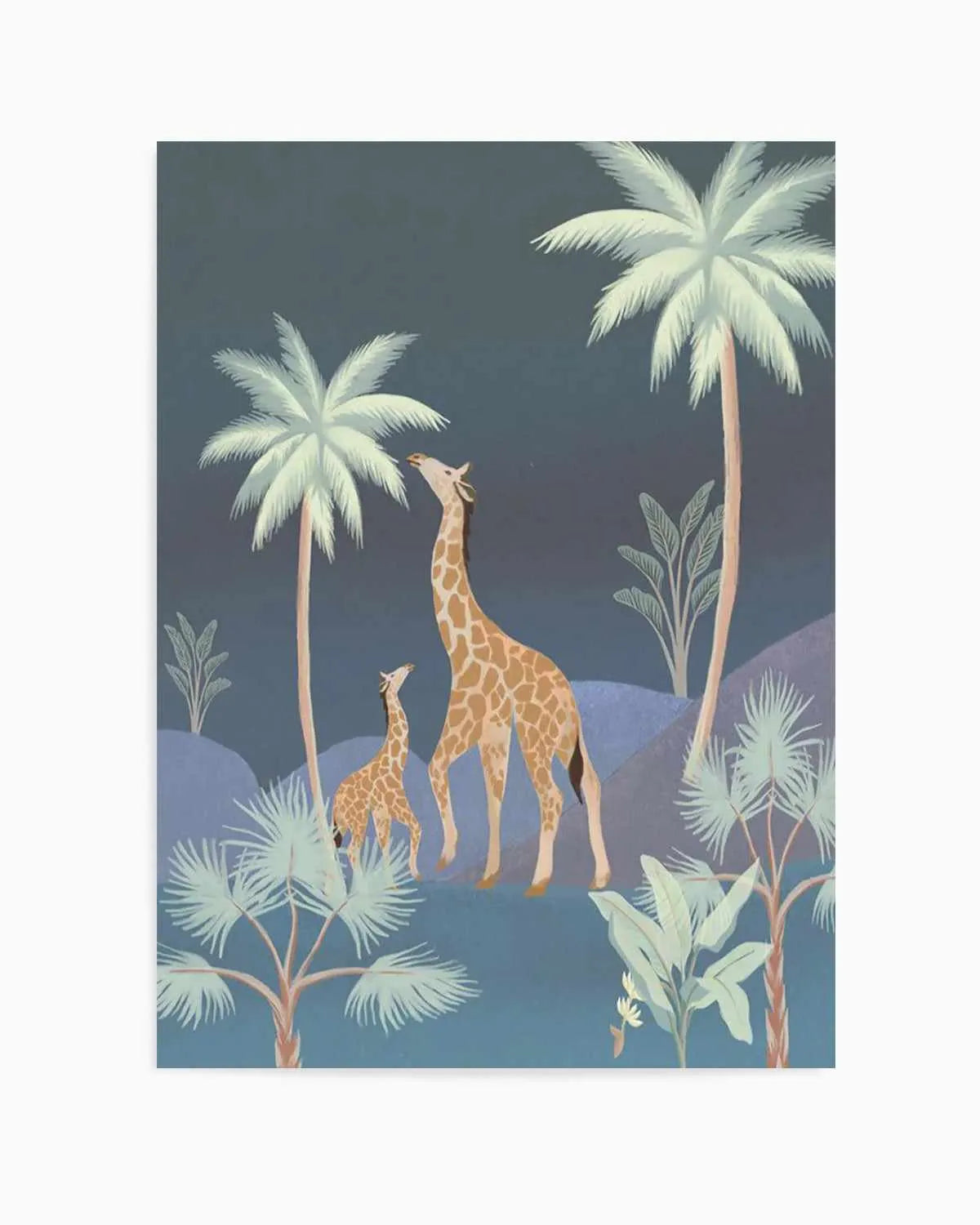 Jungle Giraffes in Midnight Art Print from Olive et Oriel where you can shop wallpaper and artworks online