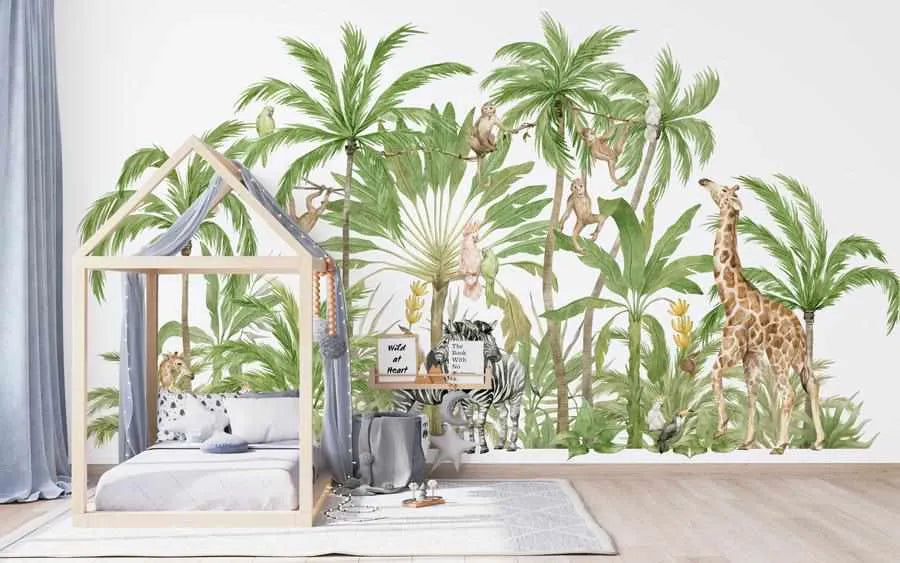 Jungle Love Wallpaper Mural-Wallpaper-Buy Kids Removable Wallpaper Online Our Custom Made Children‚àö¬¢‚Äö√á¬®‚Äö√ë¬¢s Wallpapers Are A Fun Way To Decorate And Enhance Boys Bedroom Decor And Girls Bedrooms They Are An Amazing Addition To Your Kids Bedroom Walls Our Collection of Kids Wallpaper Is Sure To Transform Your Kids Rooms Interior Style From Pink Wallpaper To Dinosaur Wallpaper Even Marble Wallpapers For Teen Boys Shop Peel And Stick Wallpaper Online Today With Olive et Oriel