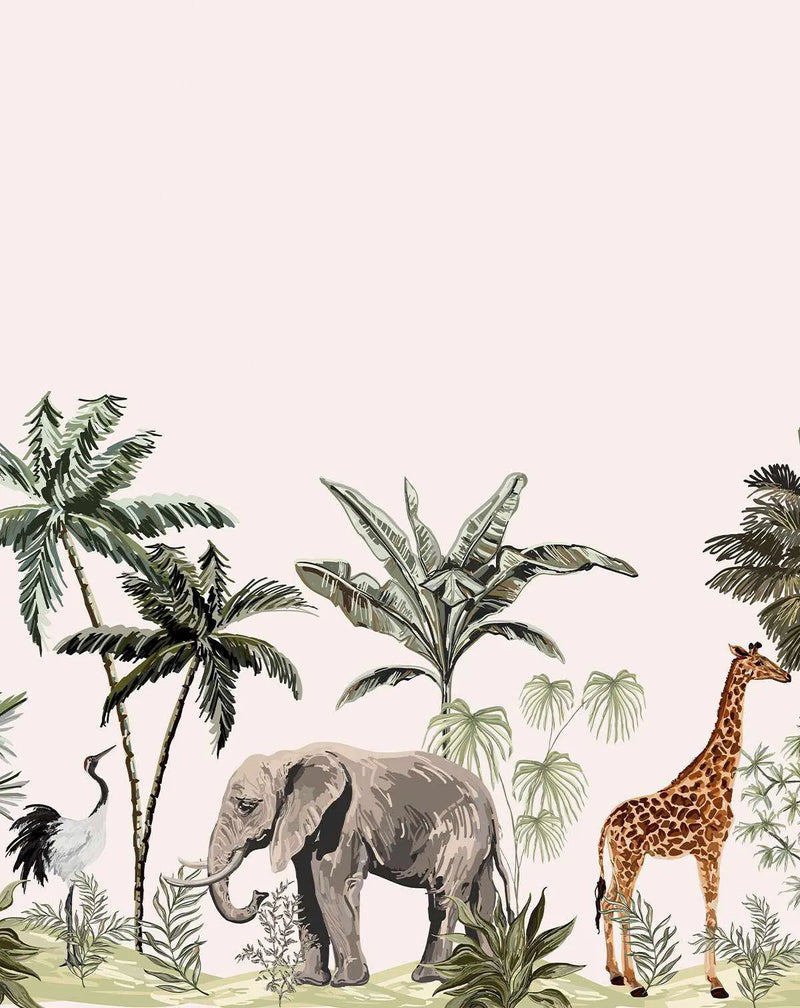 Peel and stick wallpaper featuring a repeating pattern of hand-painted jungle animals and tropical foliage on a pale pink background. The design includes an elephant, a giraffe, and a crane amidst palm trees and banana leaves, rendered in a loose, illustrative style with visible brushstroke texture.