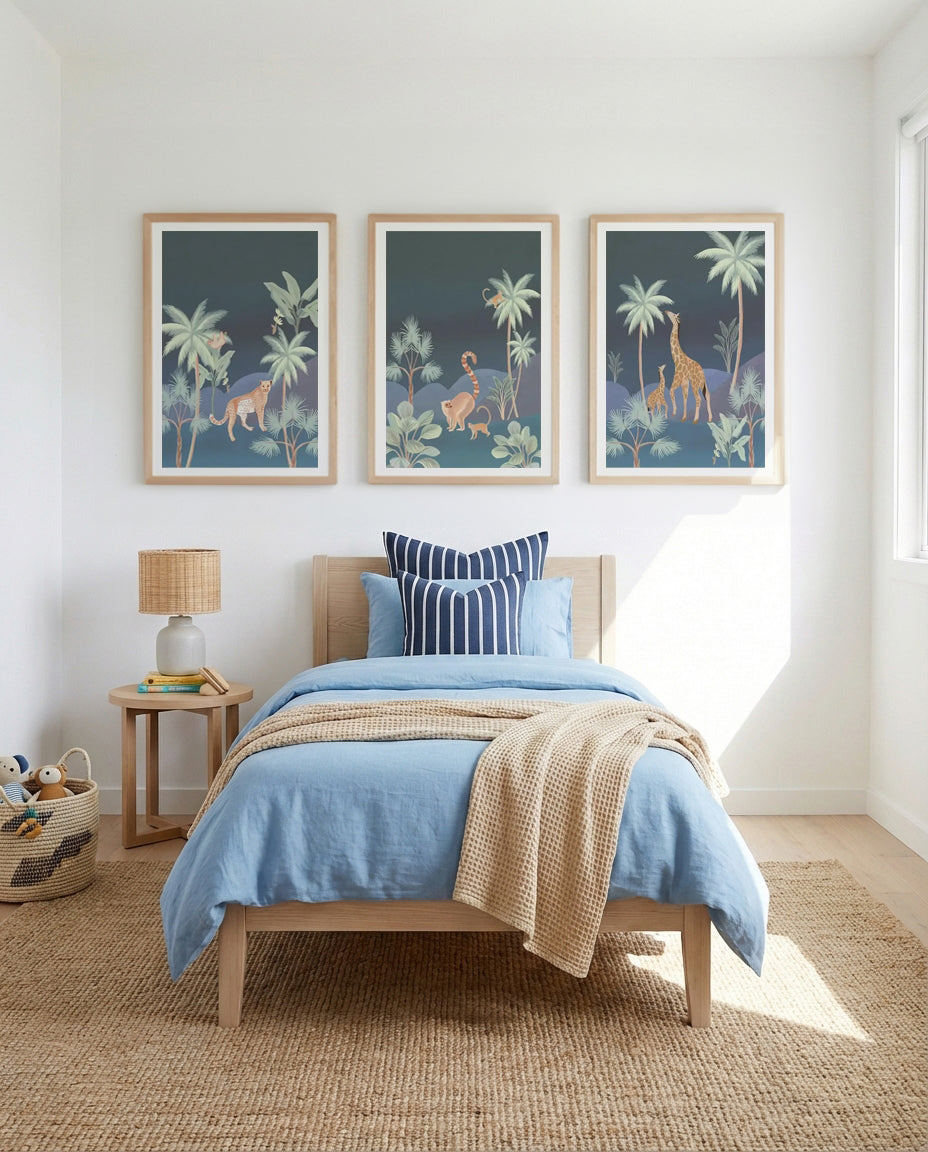 Jungle Cheetah, Monkeys & Giraffes in Midnight | 3 Piece Wall Art Set