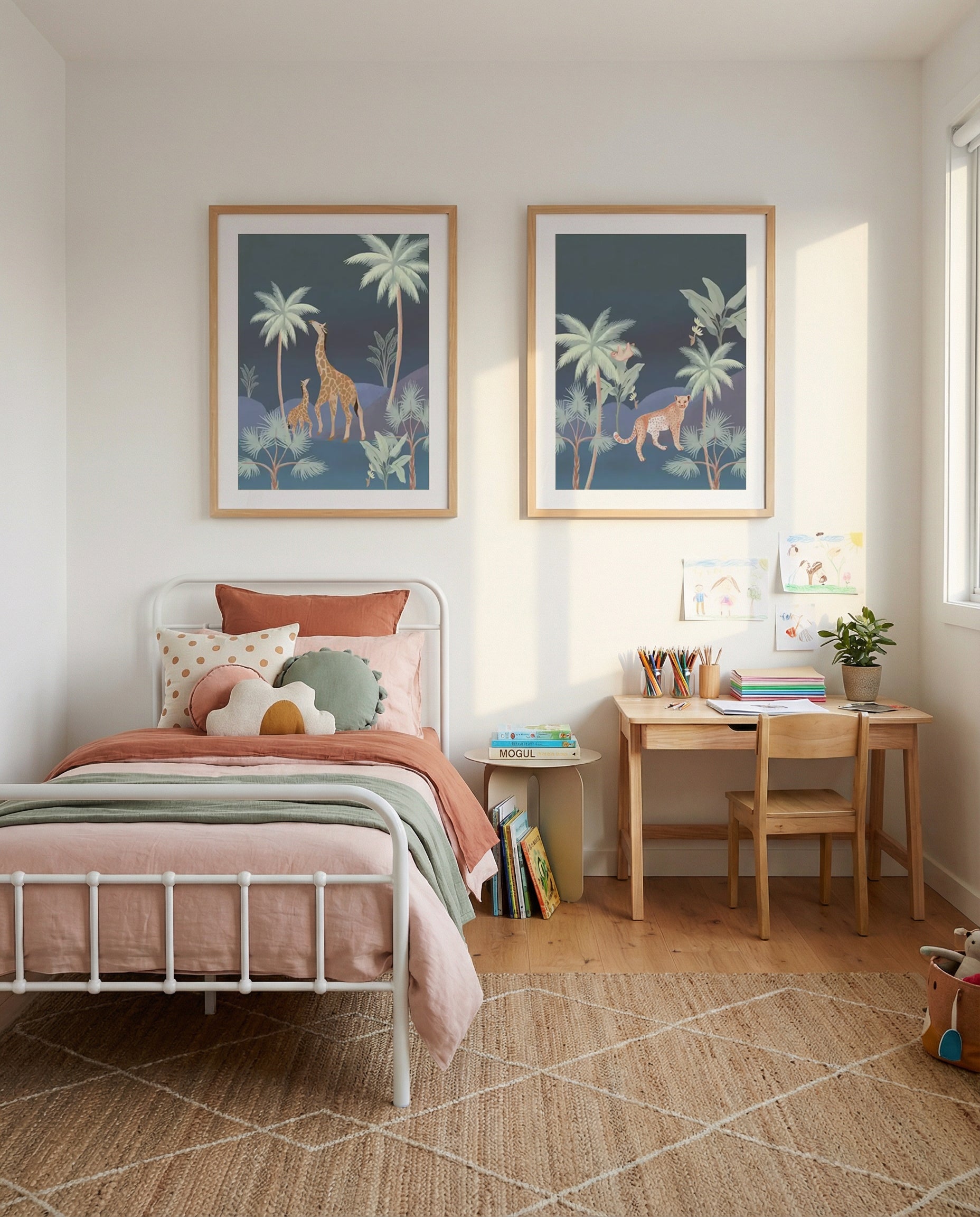 Jungle Giraffes & Jungle Cheetah in Midnight Art Print Set of 2 | Matching Wall Art