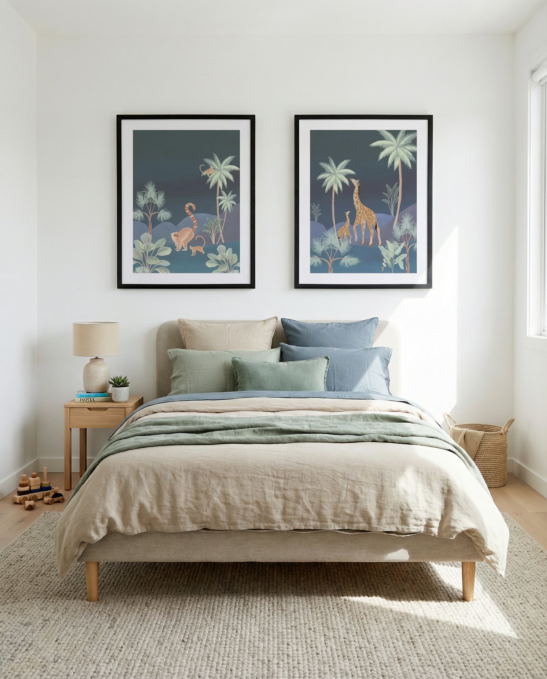 Jungle Monkeys & Jungle Giraffes in Midnight Art Print Set of 2 | Matching Wall Art