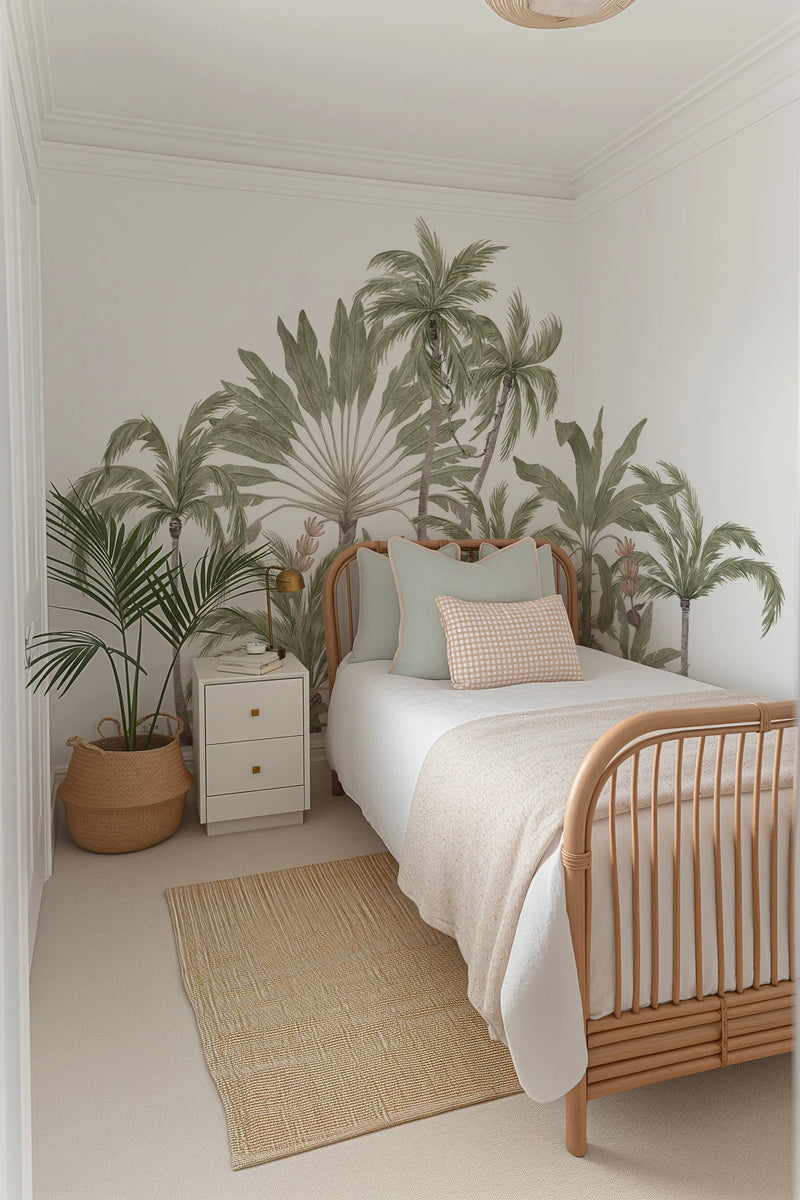 Lifestyle shot of a bedroom featuring a peel and stick wallpaper mural with a lush, hand-painted jungle palms design in muted sage green and olive tones on a soft white background. The mural covers the wall behind a single bed with a light wood rattan frame, white bedding, and pale mint green and beige gingham pillows. A woven rug sits on a light beige carpet, and a potted palm plant in a woven basket is next to a white two-drawer nightstand with gold pulls.