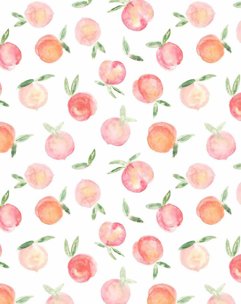 Peel and stick wallpaper featuring a repeating pattern of hand-painted peaches in various shades of pink, blush, and soft orange, with small green leaves, on a clean white background. The watercolour design has a loose, organic quality with visible brushstroke texture.