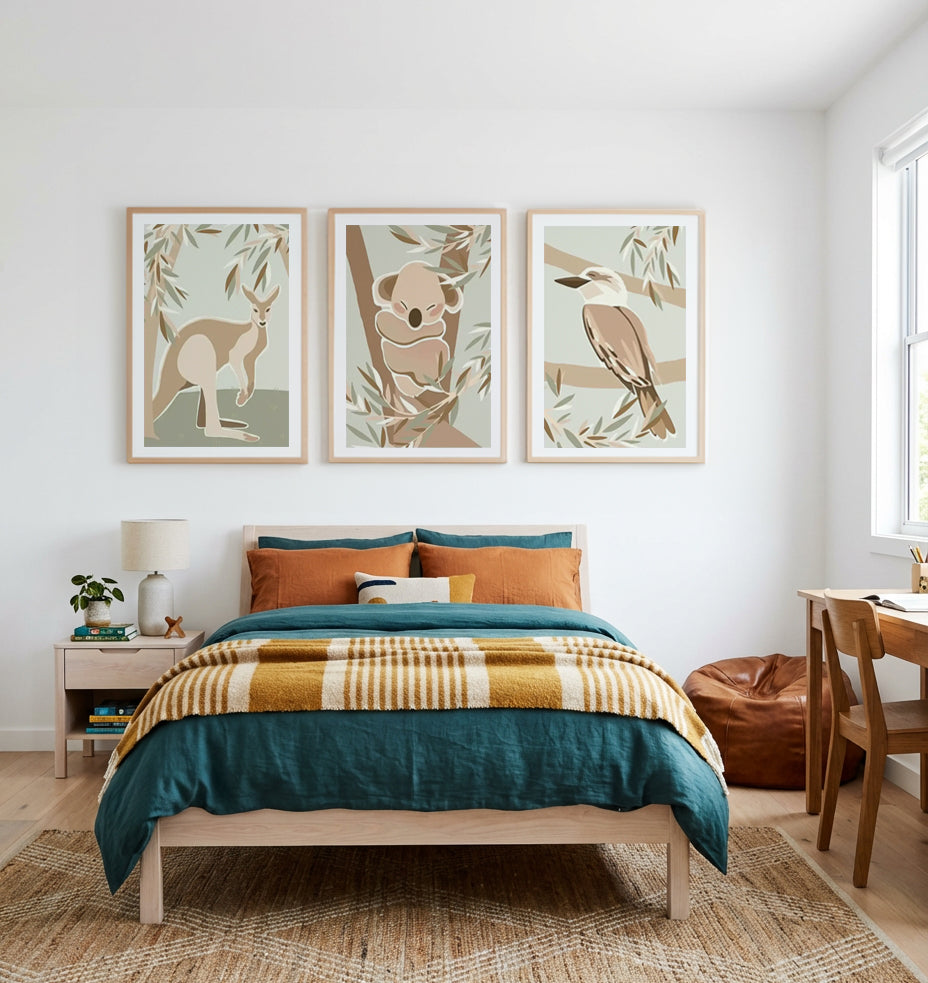 Kangaroo Canopy, Cozy Koala & Cool as a Kookaburra | 3 Piece Wall Art Set