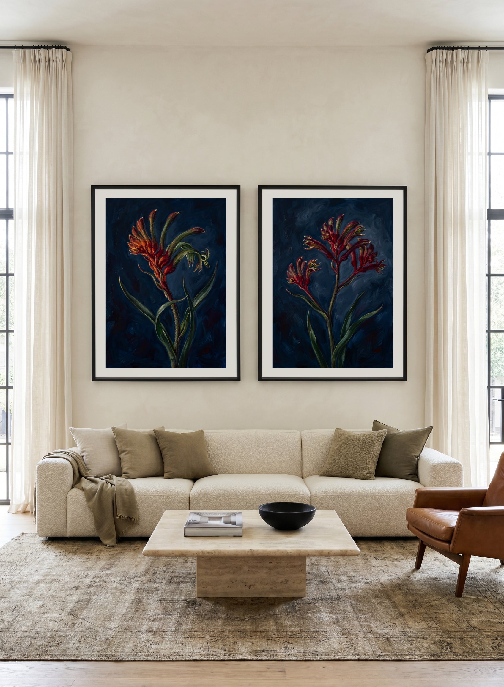 Kangaroo Paw I & II On Navy Botanicals Study Art Print Set of 2 | Matching Wall Art