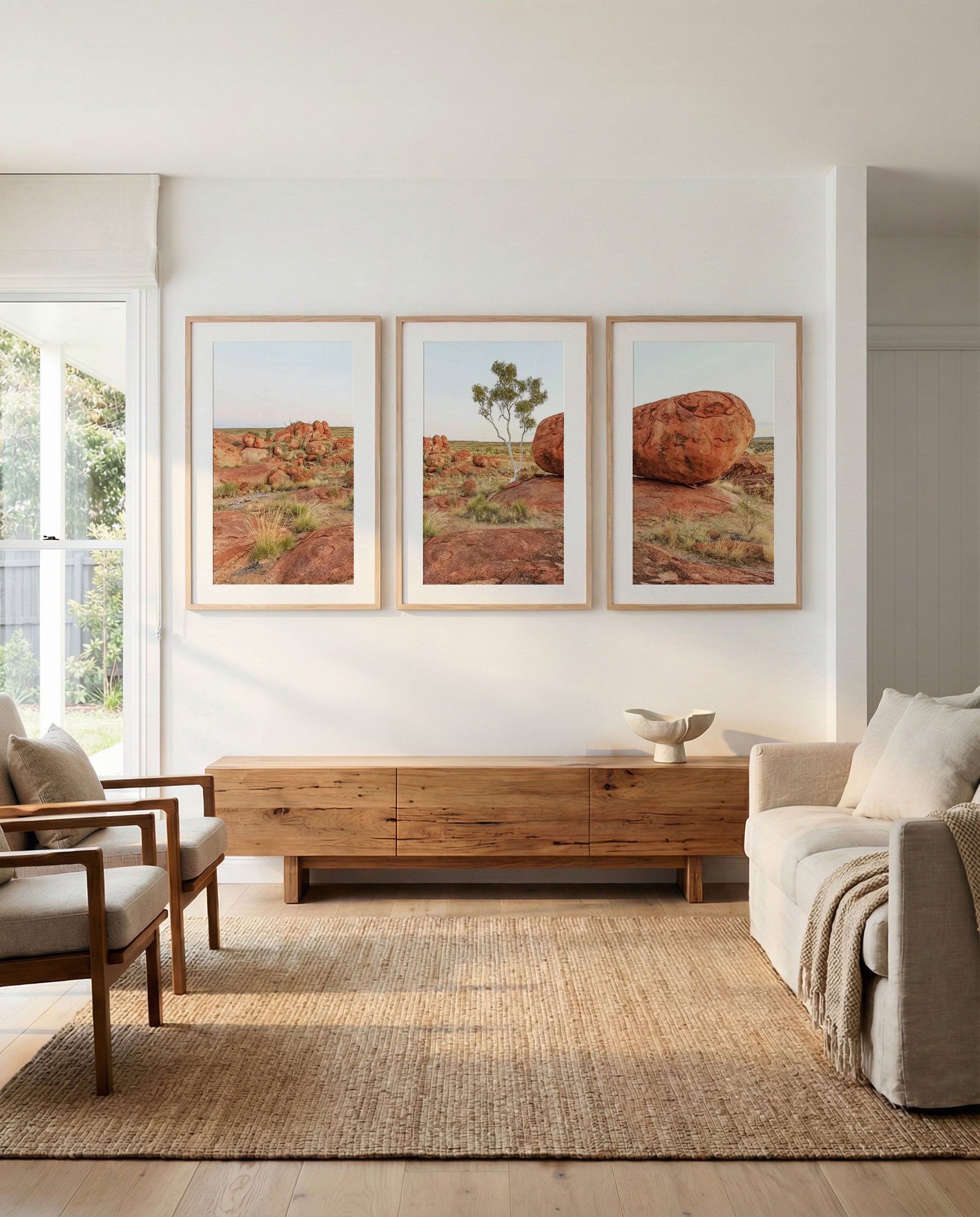Karlu Karlu I, II & III | 3 Piece Wall Art Set in Brown art print oak frame with white border