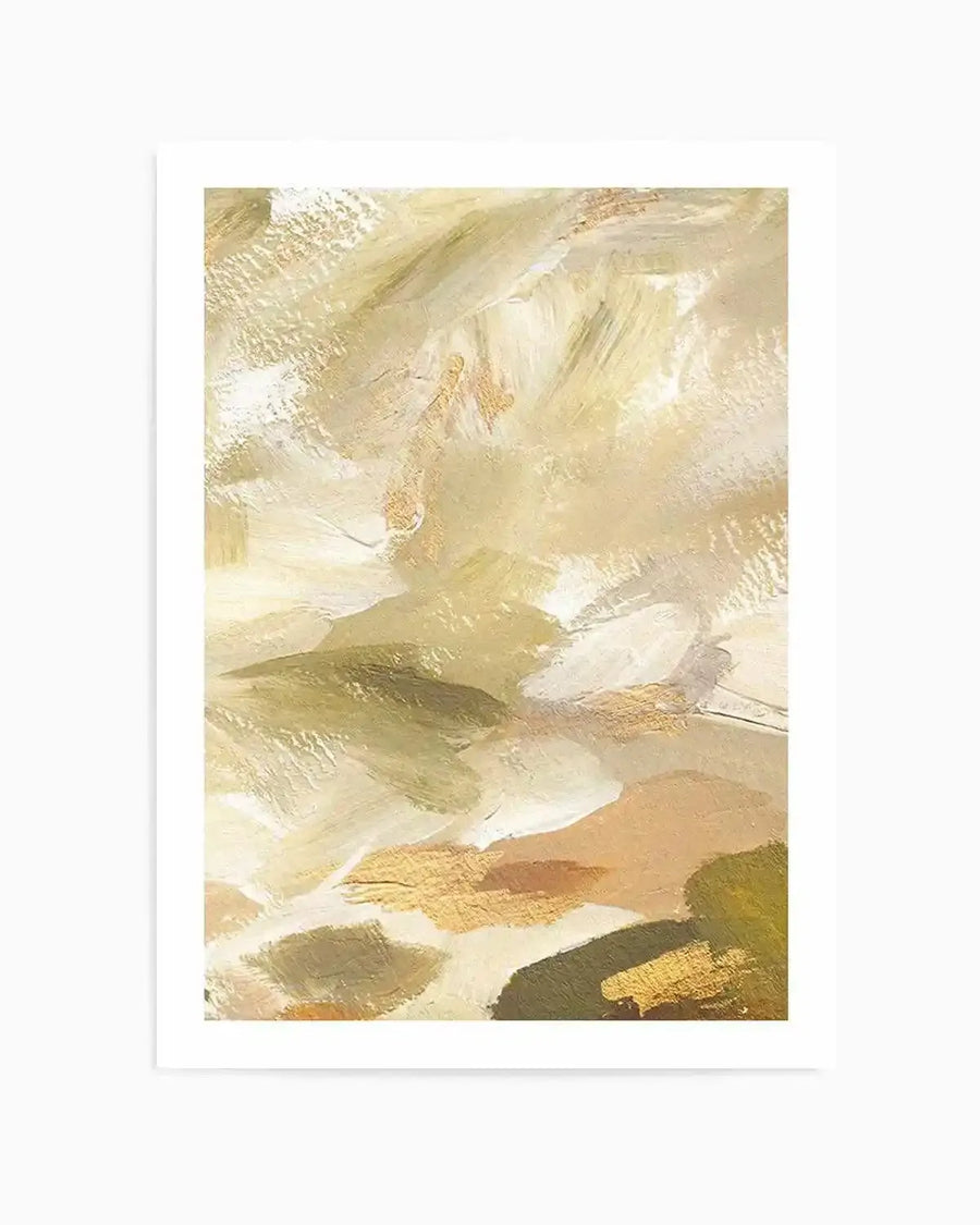 Abstract art print featuring broad, textured brushstrokes in a palette of warm khaki, cream, and muted olive green, with accents of metallic gold. The composition suggests a dynamic, layered landscape or abstract form, printed on fine art paper with a visible brushstroke texture.