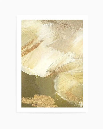 Khaki Luxe II Art Print featuring abstract brushstrokes in warm earth tones including cream, khaki, tan, and muted olive green. The composition shows layered, gestural paint strokes creating dynamic movement across the canvas, with textured brushwork visible throughout. The artwork is mounted on white paper with a white border and displayed in a simple white frame.