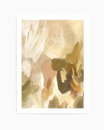 Abstract art print titled Khaki Luxe III featuring layered brushstrokes in cream, gold, khaki, and dark olive tones. The composition uses gestural paint marks with varying opacity, creating depth through overlapping rectangular and organic shapes. Textured brushwork suggests movement across a neutral background. The print is displayed in a white frame with white border.