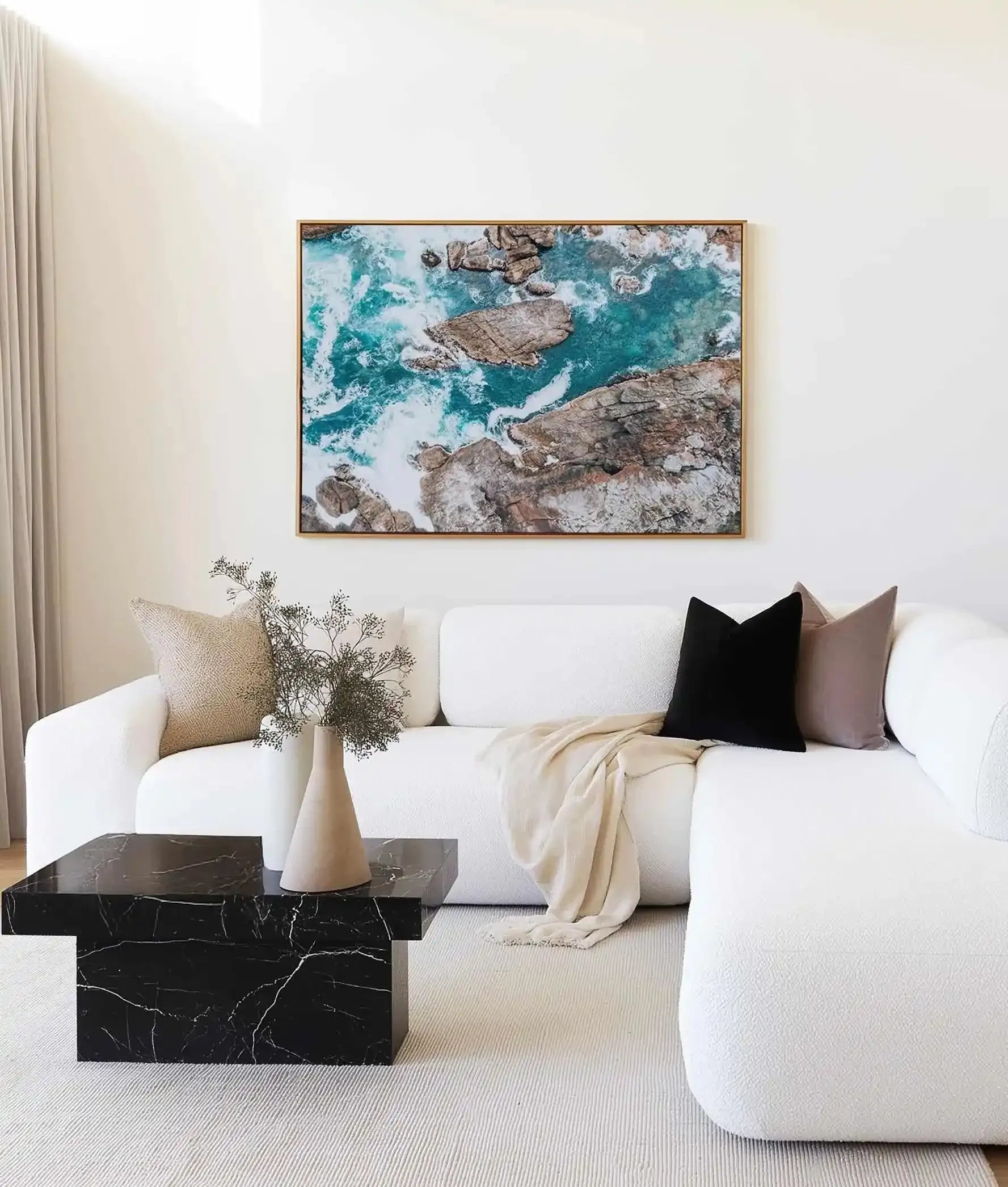 Kianinny Bay III Tathra | Aerial Photo Wall Framed Canvas Art Print from Olive et Oriel where you can shop wallpaper and artworks online
