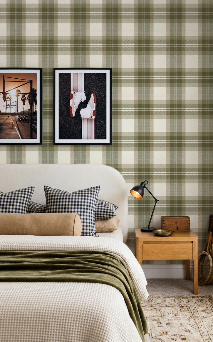 Kingsley Tartan in Khaki Green Wallpaper