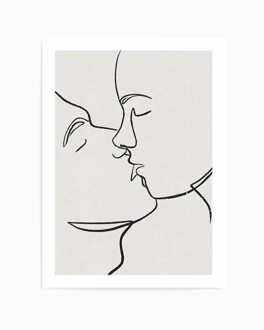 Art print featuring a minimalist line art illustration of two faces in profile, leaning in for a kiss, rendered in a single continuous black line on a light grey background, printed on fine art paper with a matte finish.