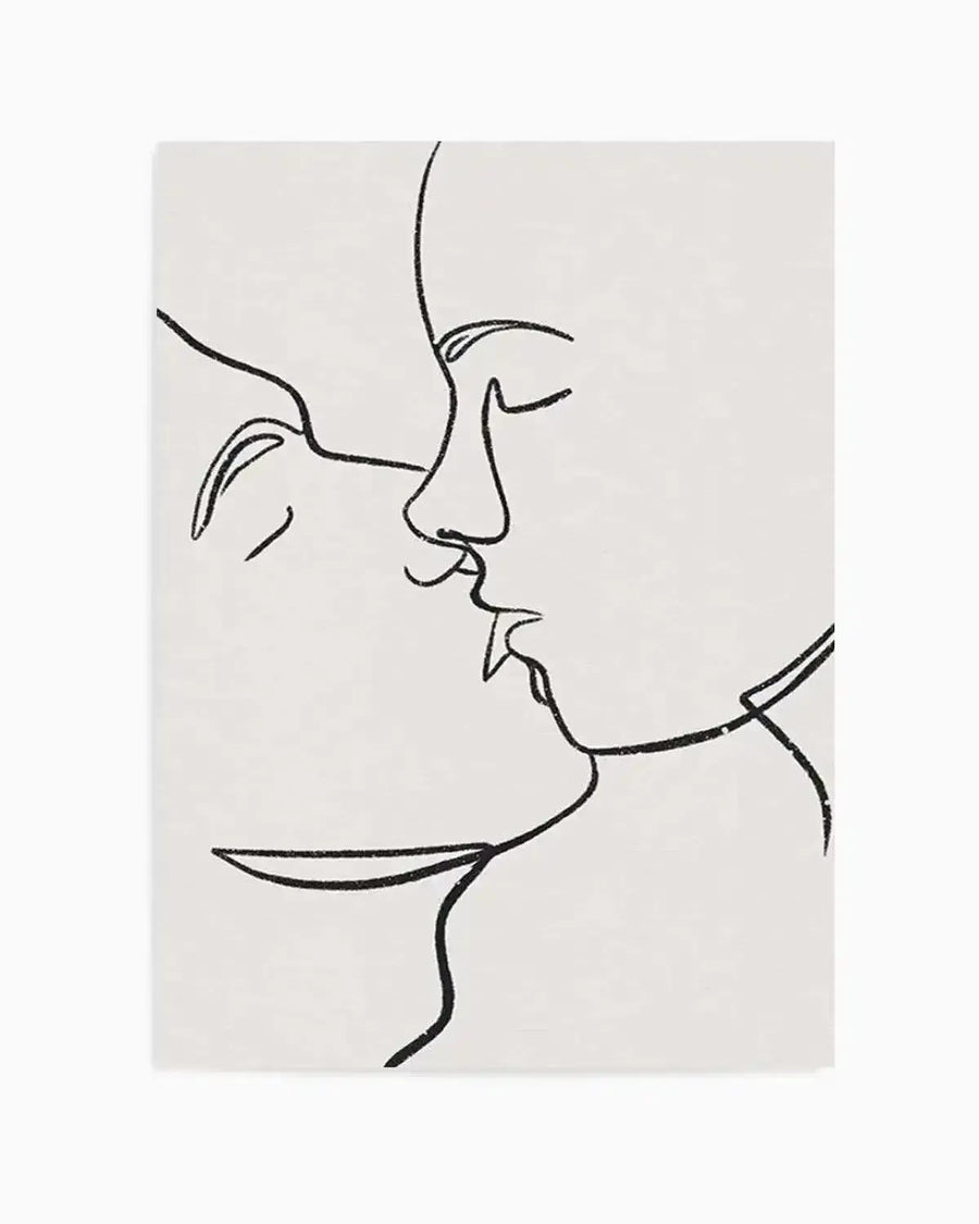 Line art print featuring two faces in profile, nose to nose, as if about to kiss. The minimalist illustration uses a single continuous black line with a slightly textured, hand-drawn quality against a soft white background.