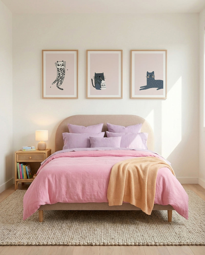 Kitty Kat Pink I, II & III | 3 Piece Wall Art Set in Pink art print oak frame with white border
