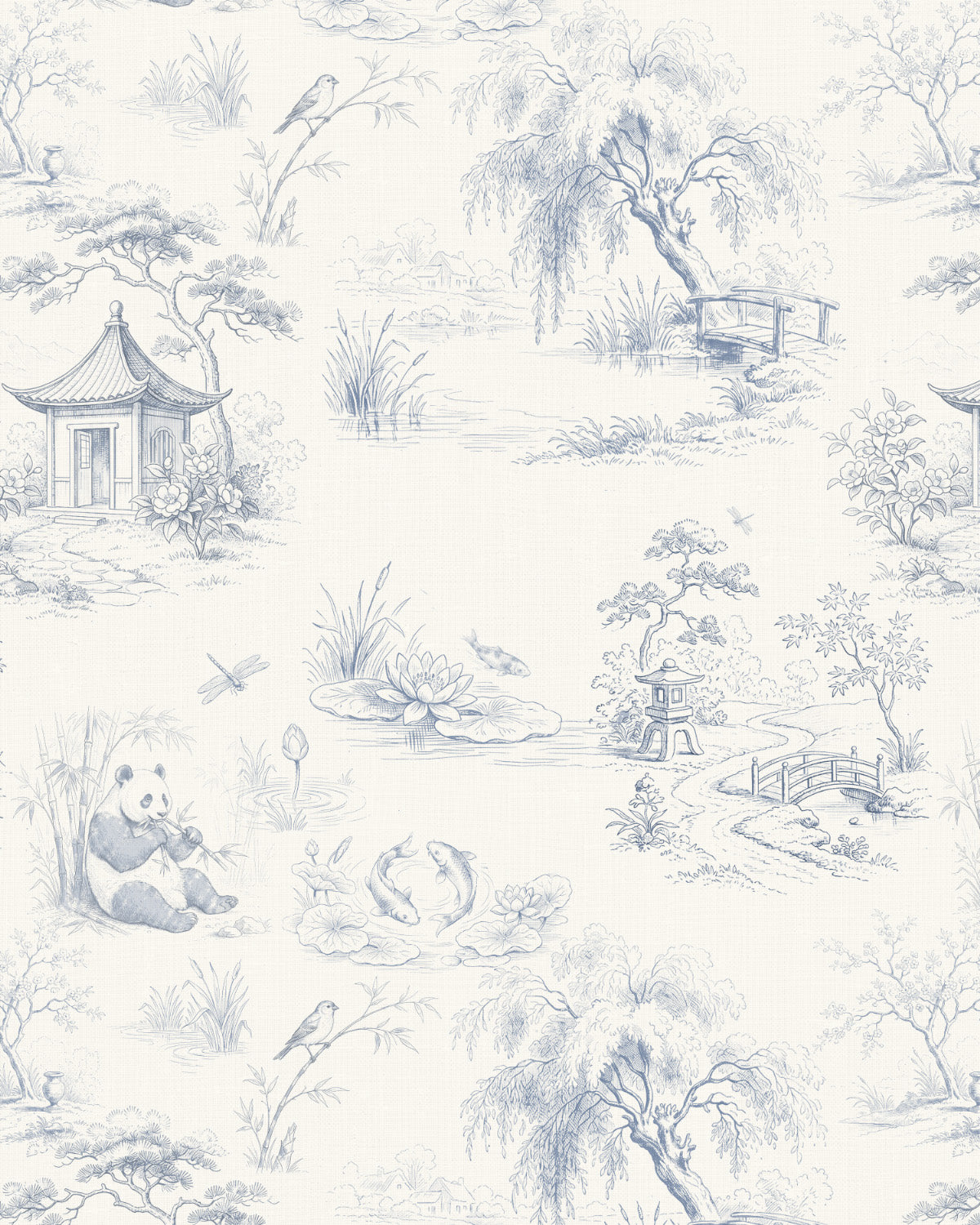 Koi Pond Gardens Toile de Jouy Wallpaper