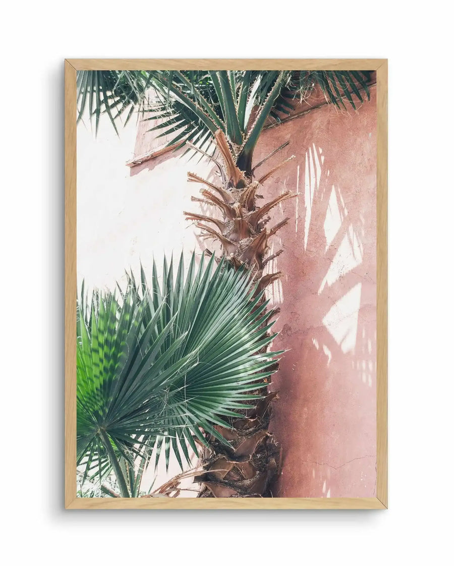 Framed art print titled LA Palms featuring a close-up botanical photograph of palm tree trunks and fronds against a terracotta-colored wall. The composition shows layered green palm leaves with sharp, linear details in the foreground and upper portion, while the textured terracotta wall occupies the right side with soft shadows cast by the foliage. Light filters through creating bright highlights on the wall. Natural wood frame with white border.
