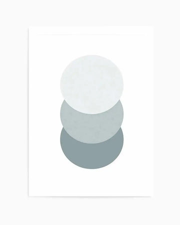L'Ombre Moss Art Print featuring three overlapping circles in varying shades of grey and white, stacked vertically. The top circle is pale grey-white, the middle circle is soft sage green, and the bottom circle is darker slate grey. The circles create a gradient effect from light to dark. The illustration has a minimalist, geometric aesthetic rendered in muted, cool-toned colors against a white background. Unframed print shown with subtle grey border.