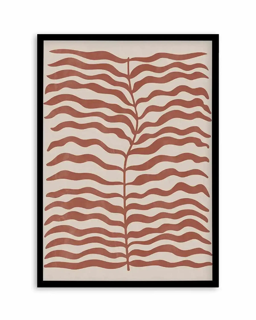 Abstract art print featuring a central vertical stem with numerous wavy, horizontal, leaf-like forms extending outwards in a warm red-earth tone against a light cream background, displayed in a black frame with a white border.