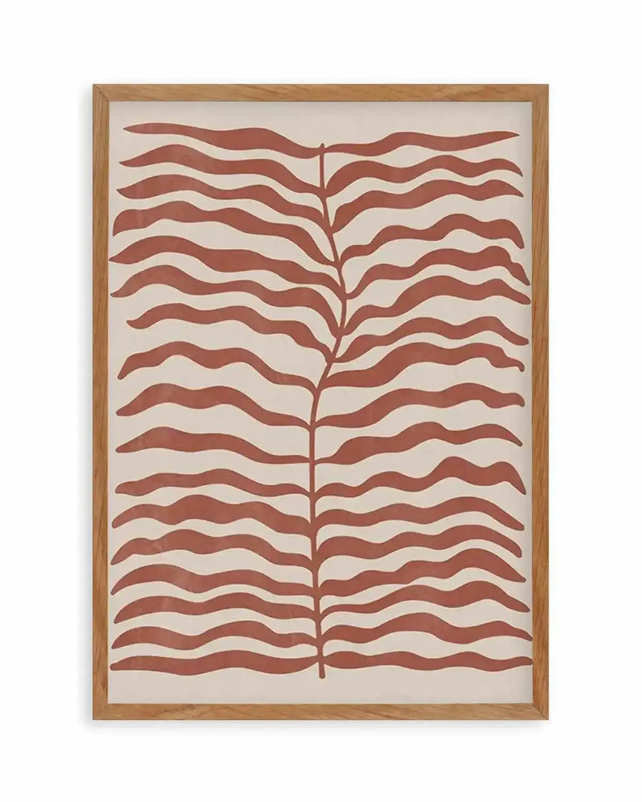 Art print featuring a central stem with multiple wavy, horizontal leaf-like shapes in a warm red earth tone against a cream background, displayed in a natural oak frame with white border.