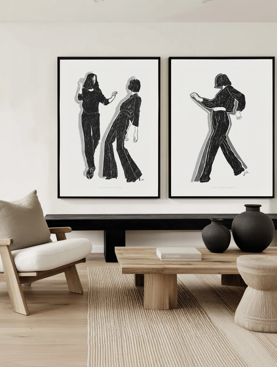 Ladies Dancing in Black and White I & VI by Jenny Liz Rome Art Print Set of 2 | Matching Wall Art