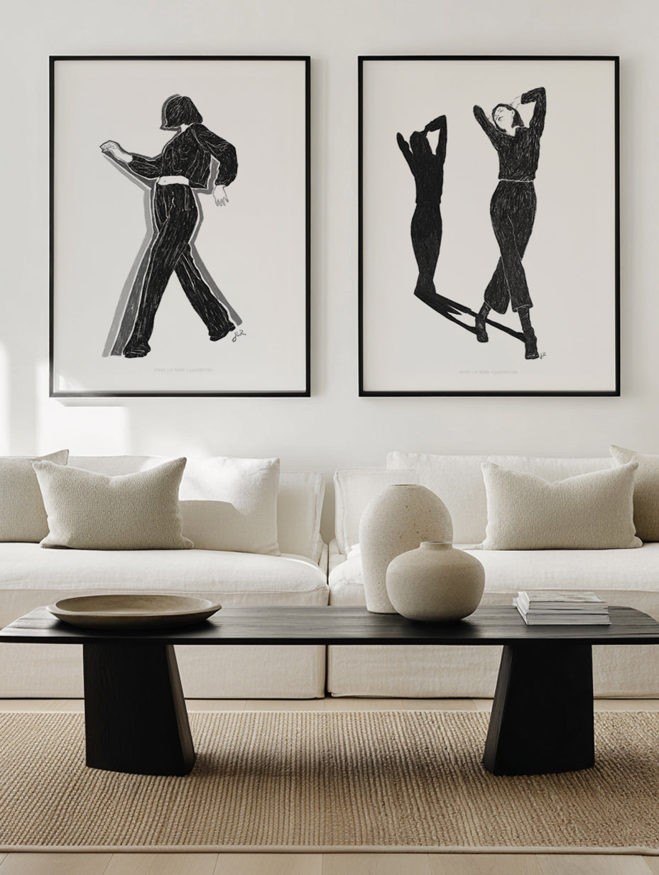 Ladies Dancing in Black and White VI & Strike a Pose in Black and White by Jenny Lize Rome Art Print Set of 2 | Matching Wall Art
