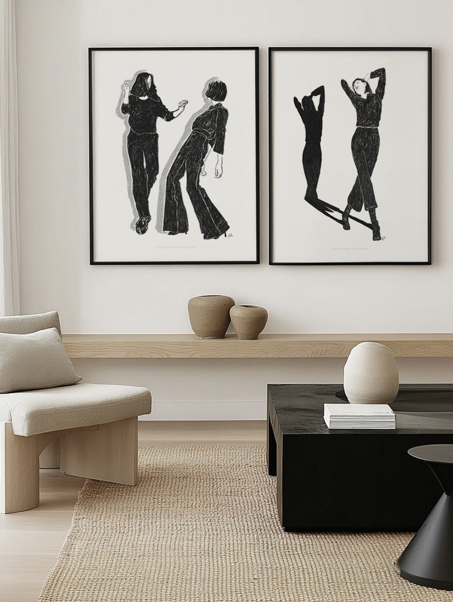 Ladies Dancing in Black and White & Strike a Pose in Black and White by Jenny Lize Rome Art Print Set of 2 | Matching Wall Art