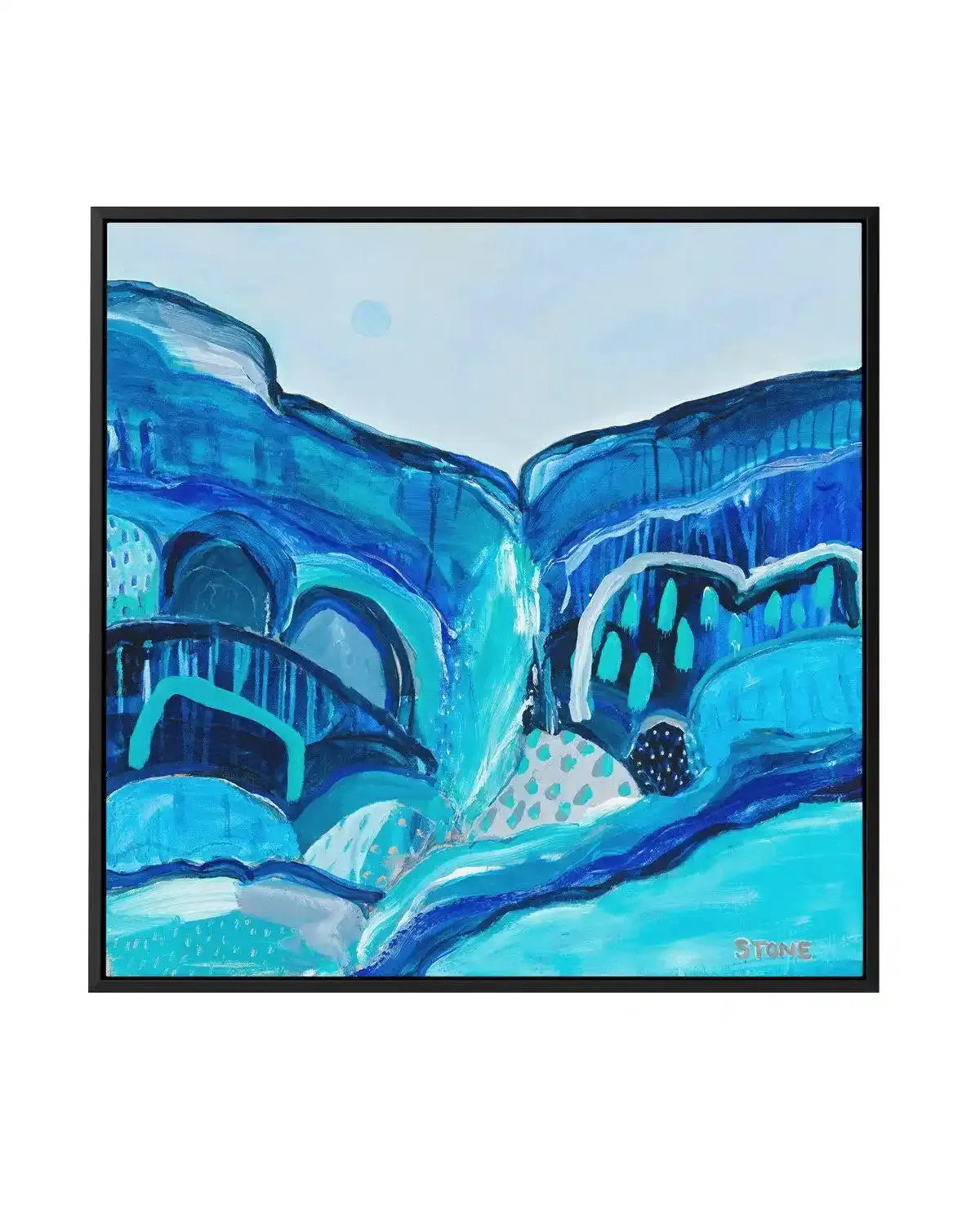 Abstract canvas print featuring a vibrant, layered landscape in various shades of blue, turquoise, and teal, with hints of white and grey. The composition suggests rolling hills or waves, with textured brushstrokes creating depth and movement, displayed in a black frame.