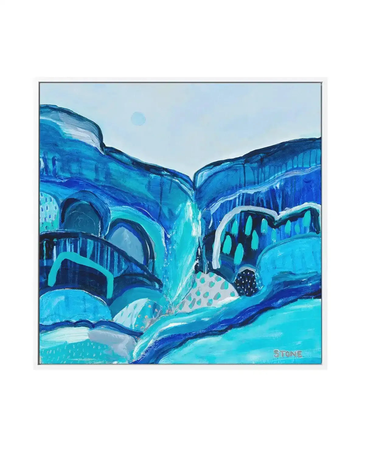 Abstract canvas print featuring a dynamic landscape in varying shades of blue, turquoise, and teal, with white and grey accents. The composition suggests layered hills or mountains with a central valley, rendered with visible brushstrokes and textured patterns. The artwork is displayed in a white frame.