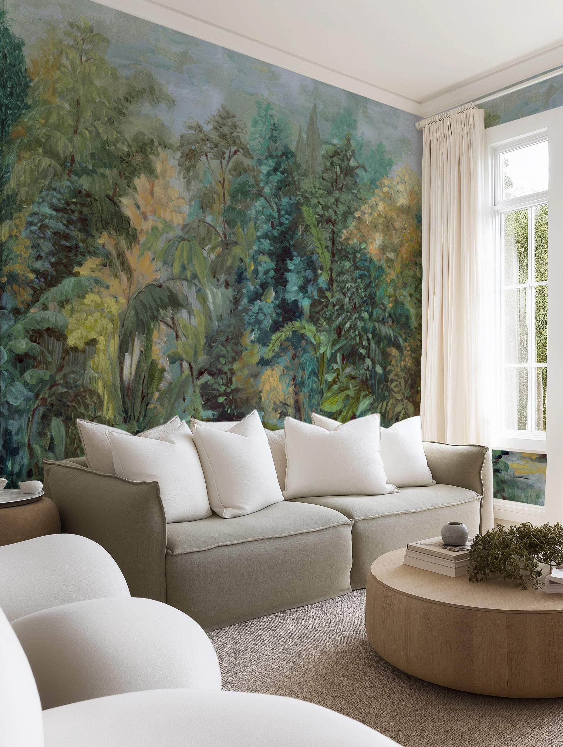 Lagoon Botanica Panoramic Mural Wallpaper from Olive et Oriel where you can shop wallpaper and artworks online