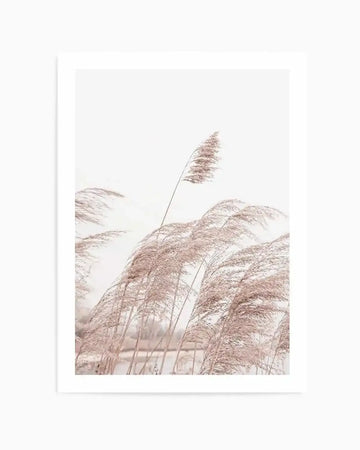 Photography art print featuring a field of pampas grass in soft dusty pink and beige tones, swaying gently against a bright white sky, printed on fine art paper.