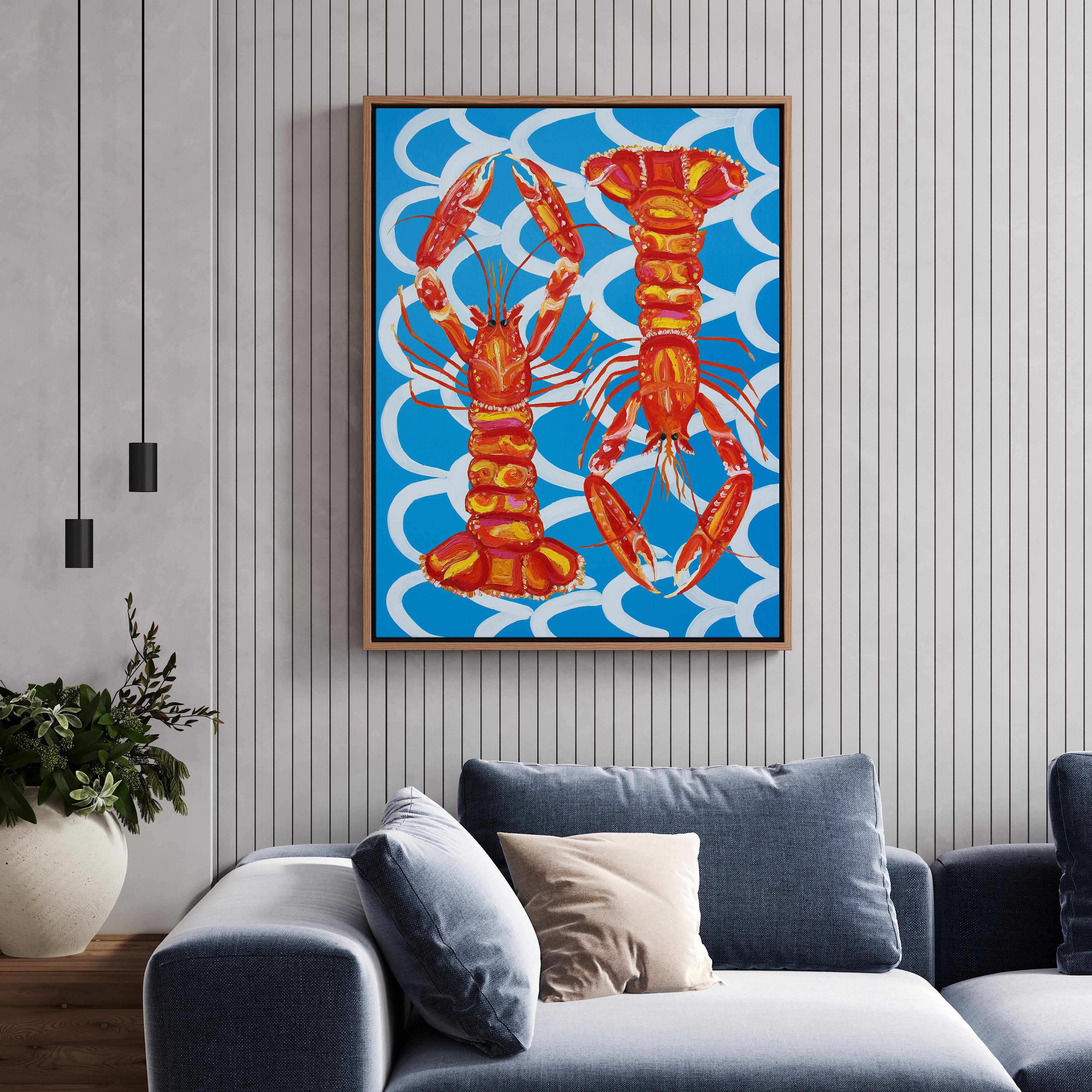 Langoustines On Blue By Alice Straker | Framed Canvas Art Print