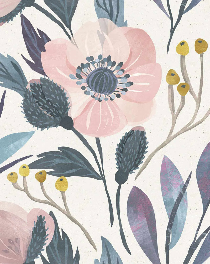 Peel and stick wallpaper featuring a repeating pattern of hand-painted botanical elements on a cream background. The design includes large-scale pink anemone-like flowers with dark blue centers and light blue stamens, dark teal and purple leaves, and small yellow berry-like clusters on thin grey-brown stems. The illustration has a soft, painterly texture with visible brushstrokes.