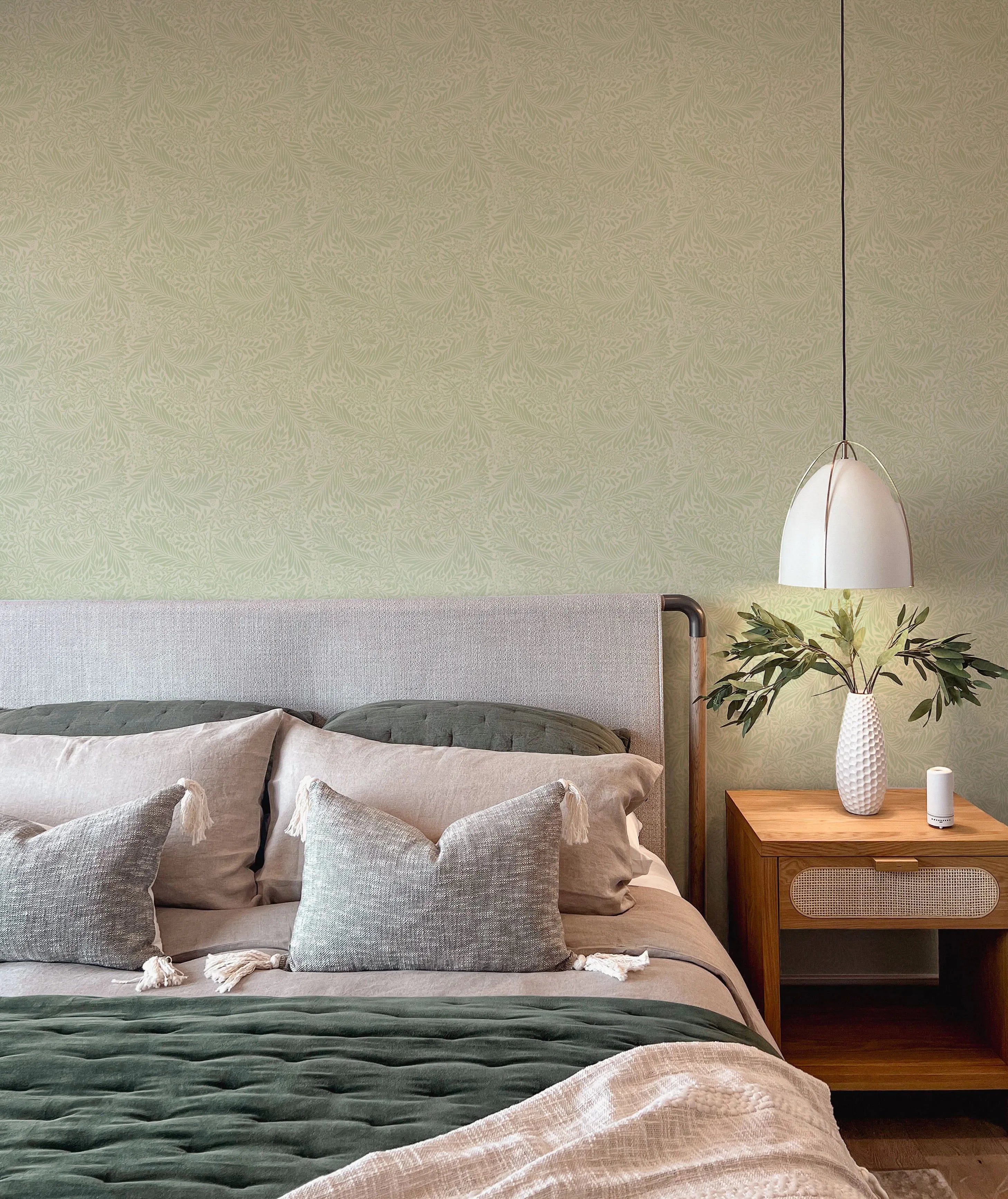 Larkspur in Sage Green by William Morris Wallpaper from Olive et Oriel where you can shop wallpaper and artworks online