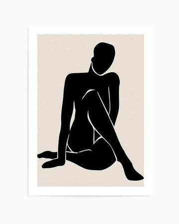 Art print featuring a minimalist black silhouette of a seated female figure with a short haircut, facing right with her head slightly bowed. Her left leg is bent with the foot flat on the ground, and her right leg is bent and crossed over the left, with the foot pointed. The figure is outlined in thin white lines, creating a sense of depth and form against a soft, pale beige background. Printed on fine art paper with a matte finish.