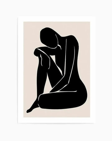 Art print featuring a minimalist black silhouette of a seated female figure with her head bowed and arms wrapped around her knees, creating a contemplative pose against a pale beige background. The figure is outlined with thin white lines on her back, arm, and leg, adding subtle definition.