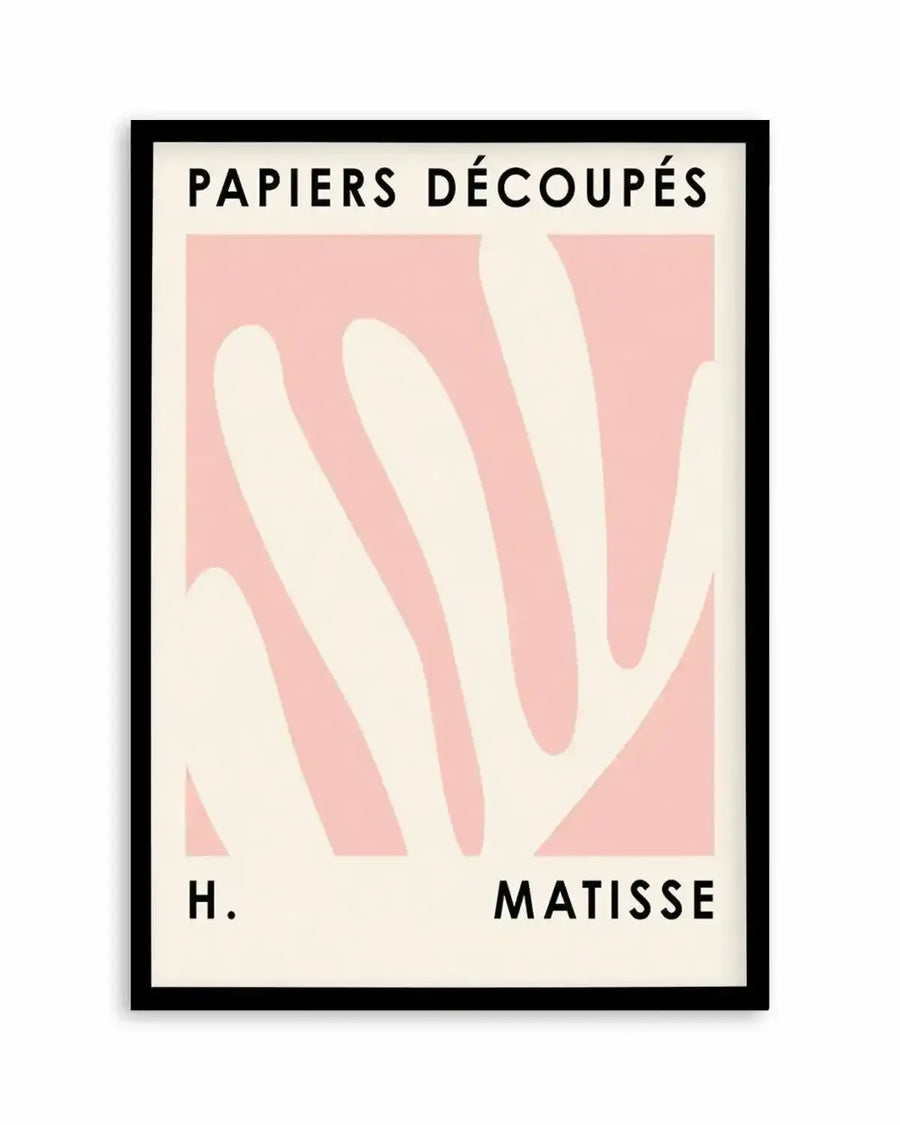 Art print featuring abstract organic shapes in off-white against a pale blush pink background, with the text "PAPIERS DÉCOUPÉS" at the top and "H. MATISSE" at the bottom, displayed in a black frame with a white border.