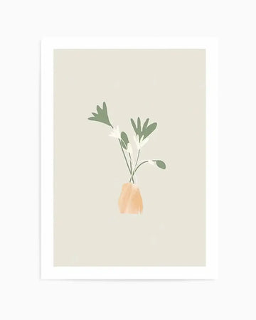 Art print featuring a minimalist illustration of three delicate white flowers with sage green leaves, arranged in a simple, hand-painted peach-coloured vase against a soft, warm cream background. The artwork has a clean, modern aesthetic with a gentle, organic feel.