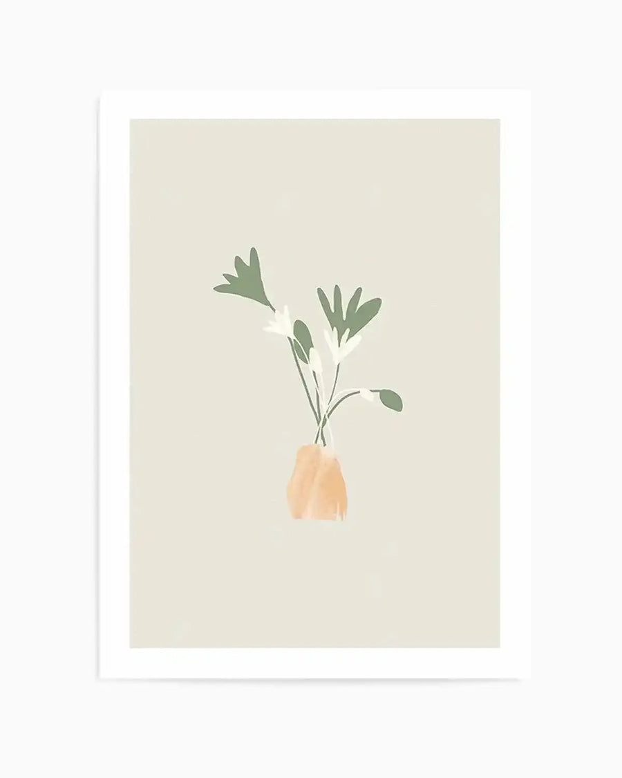 Art print featuring a minimalist illustration of three delicate white flowers with sage green leaves, arranged in a simple, hand-painted peach-coloured vase against a soft, warm cream background. The artwork has a clean, modern aesthetic with a gentle, organic feel.