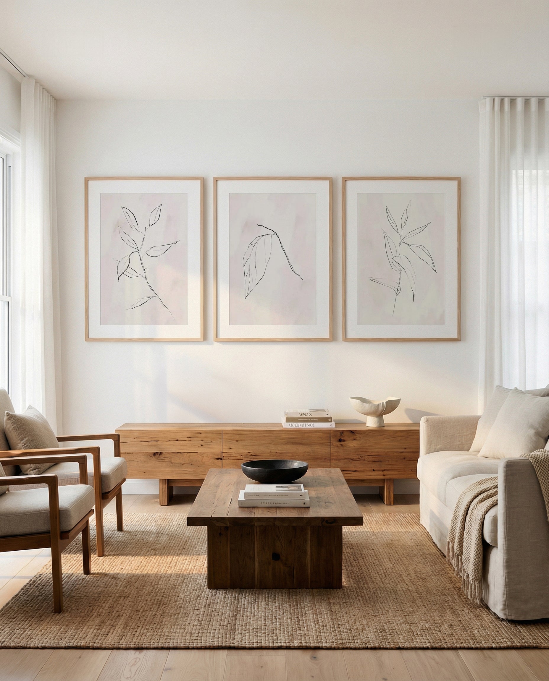 Le Jardin in Charcoal I, II & III | 3 Piece Wall Art Set in Beige and Black abstract art print oak frame with white border