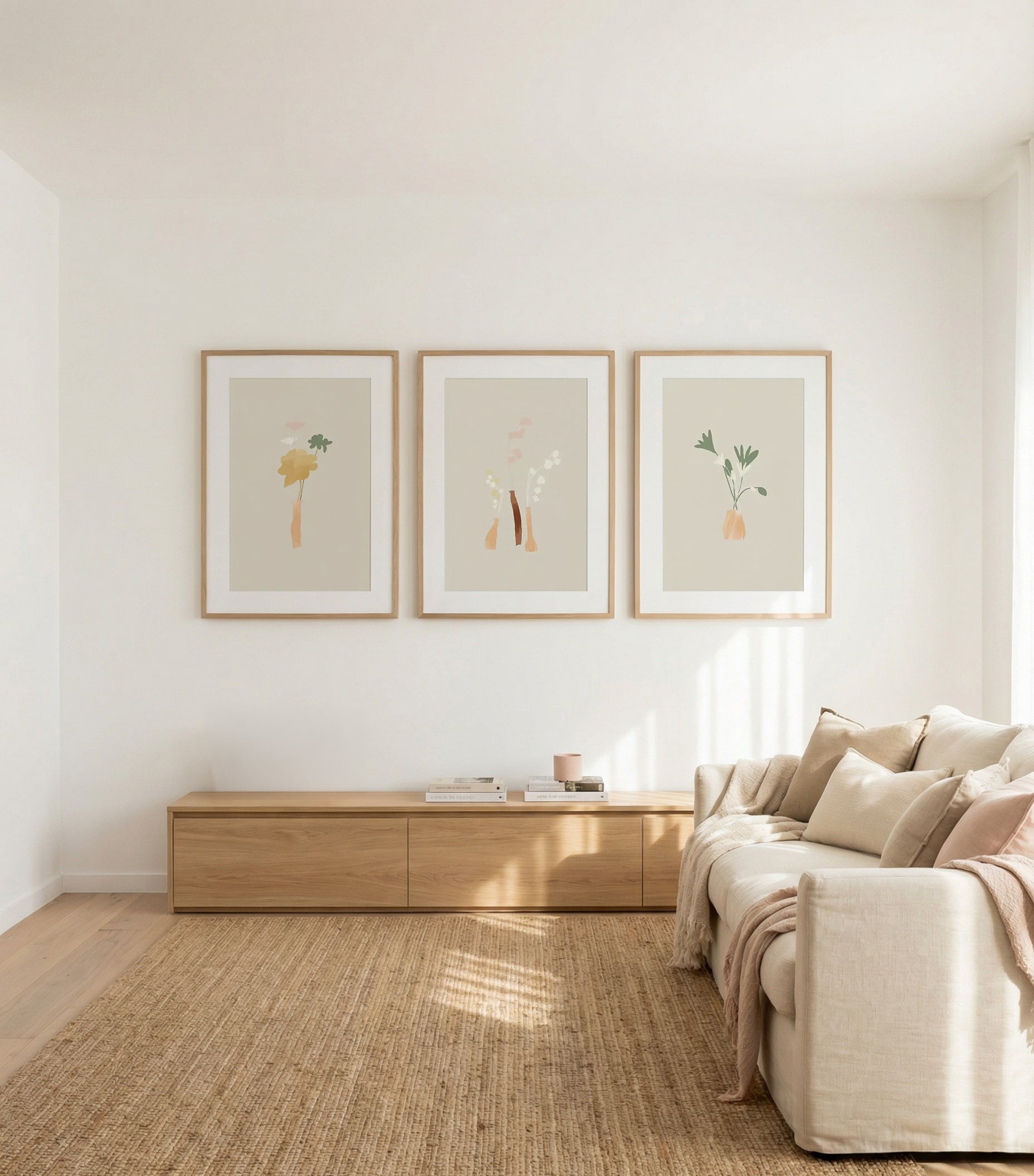 Le Posy I, II & III | 3 Piece Wall Art Set in Beige and Yellow art print oak frame with white border