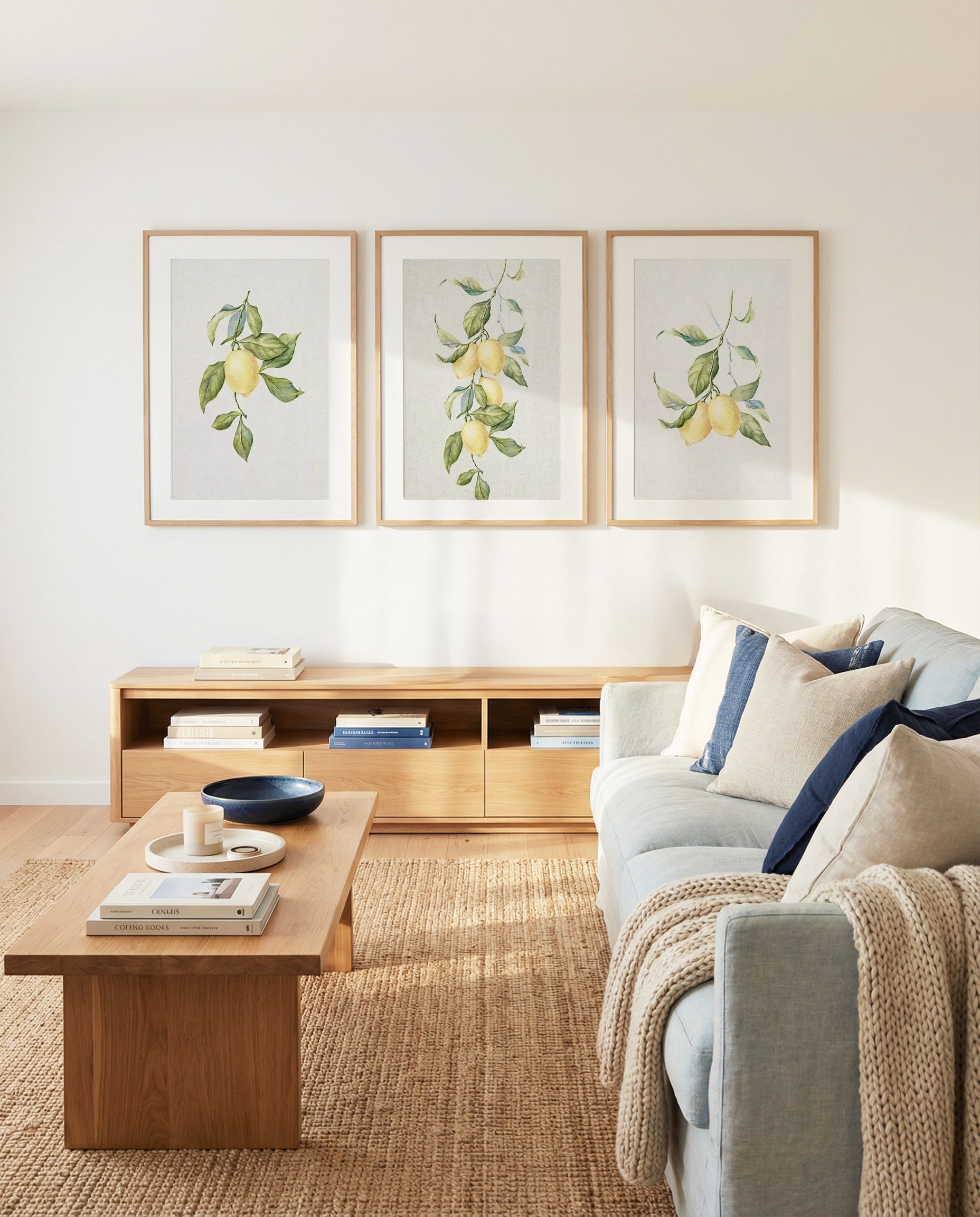 Lemon on Linen I, II & III | 3 Piece Wall Art Set in Yellow art print oak frame with white border