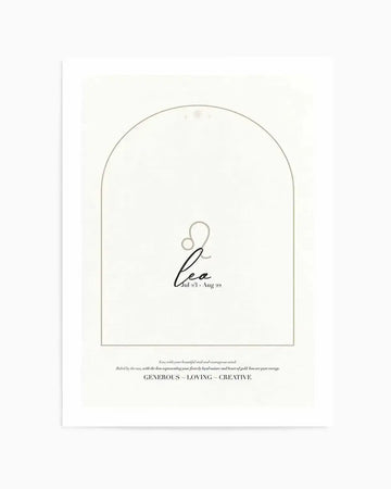 Art print featuring the Leo zodiac sign symbol in a minimalist black line drawing, with the dates "Jul 23 - Aug 22" below it, all enclosed within a thin grey arched border on a white background. Below the arch, text reads "Leo, with your beautiful soul and courageous mind. Ruled by the sun, with the lion representing your fiercely royal nature and heart of gold. You are pure energy. GENEROUS ~ LOVING ~ CREATIVE".