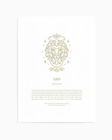 Art Print (unframed):
"Celestial zodiac art print featuring a golden line illustration of a lion's head with a crown and halo, surrounded by small crosses and geometric shapes, on a white background. Below the illustration, the word 'LEO' is printed in black, followed by 'july 23 / august 22'. The bottom text describes the Leo woman as passionate, strong, and magnetic, with a quote at the very end."
