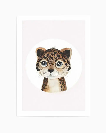 Watercolour art print featuring a cute baby leopard cub with large blue eyes and a small black nose, with dark brown spots on its head and ears, and light brown fur on its body, set against a plain white background.