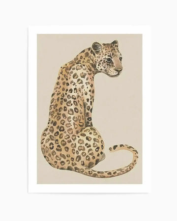 Watercolour art print featuring a leopard sitting and looking over its shoulder, with a cream background and white border. The leopard has light brown fur with dark brown spots, and its tail curls around its body. The artwork has a soft, painterly quality with visible brushstroke texture.