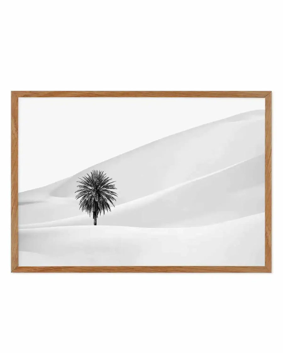 Framed black and white photograph of a lone palm tree in a vast desert landscape, with natural wood frame and white border. The composition features a single palm tree with a full canopy of fronds, centered against rolling sand dunes that create soft shadows and highlights.