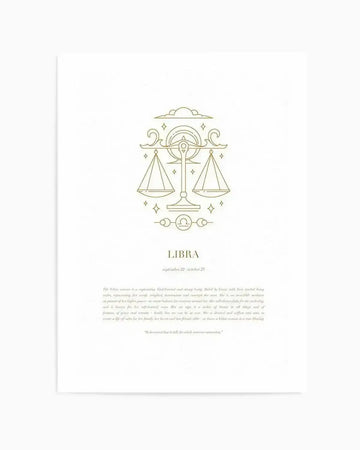 Art Print:
Celestial zodiac art print featuring the Libra symbol, a set of balanced scales, rendered in fine gold line art on a crisp white background. The scales are suspended from a central point, with a stylized cloud formation above and small starbursts surrounding the design. Below the scales is the Libra zodiac sign. The text "LIBRA" is printed in a minimalist serif font, followed by "september 22 - october 23" and a detailed description of the Libra personality traits in a smaller font.