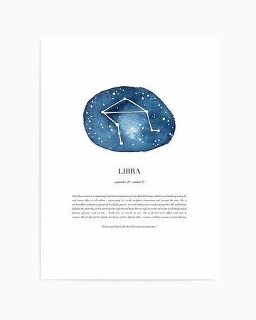 Watercolour art print featuring the Libra zodiac constellation, depicted as white dots connected by white lines, against a dark blue, oval-shaped background with scattered white speckles resembling stars. Below the constellation, the word "LIBRA" is printed in black capital letters, followed by "september 22 / october 23" in smaller black text. Further below, a paragraph describes the Libra woman, and a final quote reads, "To her mind that is still, the whole universe surrenders."