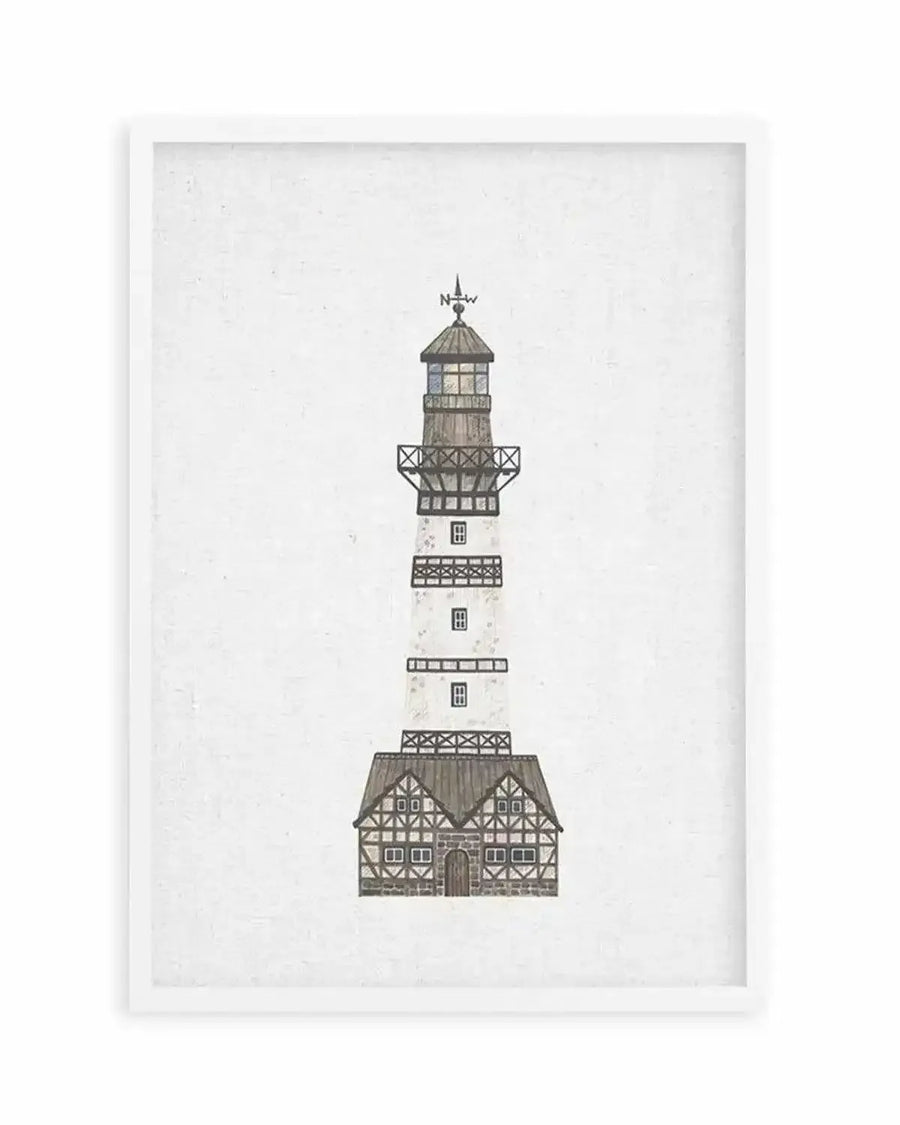 Illustration art print of a white lighthouse with a dark grey roof and half-timbered base, set against a textured off-white background. The lighthouse features small square windows and a weather vane on top, with a white frame and white border.